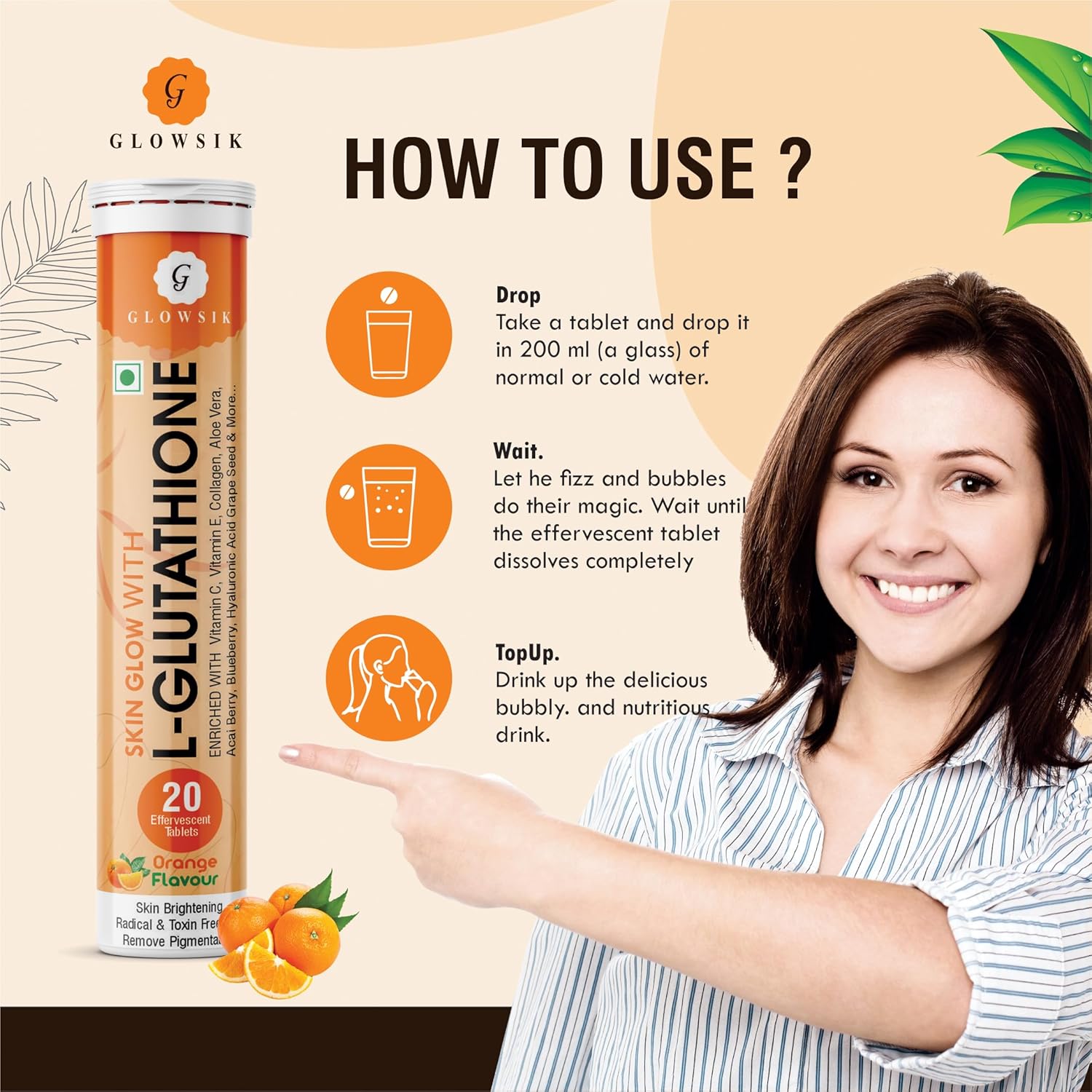 Glowsik Glutathione - 20 Effervescent Tablets for Skin, 600 Mg Glutathione Reduced With Vitamin C | Orange Flavour | Pack of 2